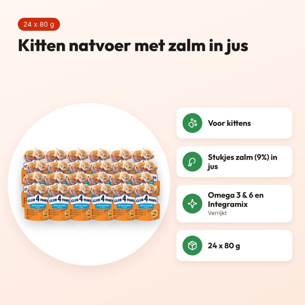 Club 4 Paws Kitten natvoer zalm in jus 24 x 80 g – pouch – voordelen