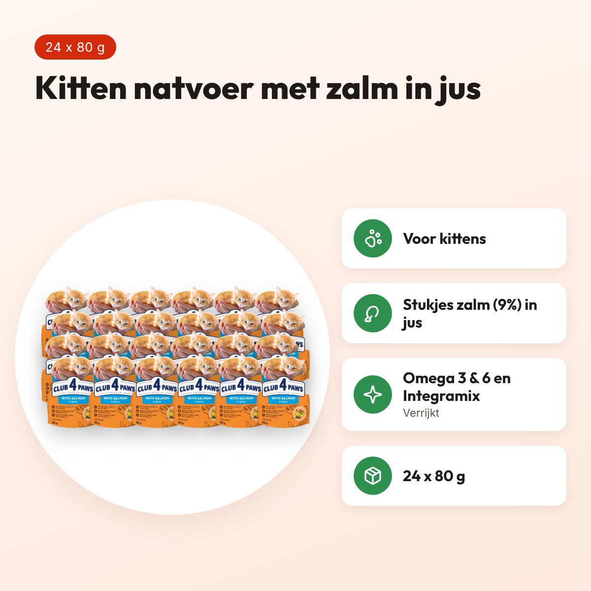 Club 4 Paws Kitten natvoer zalm in jus 24 x 80 g – pouch – voordelen