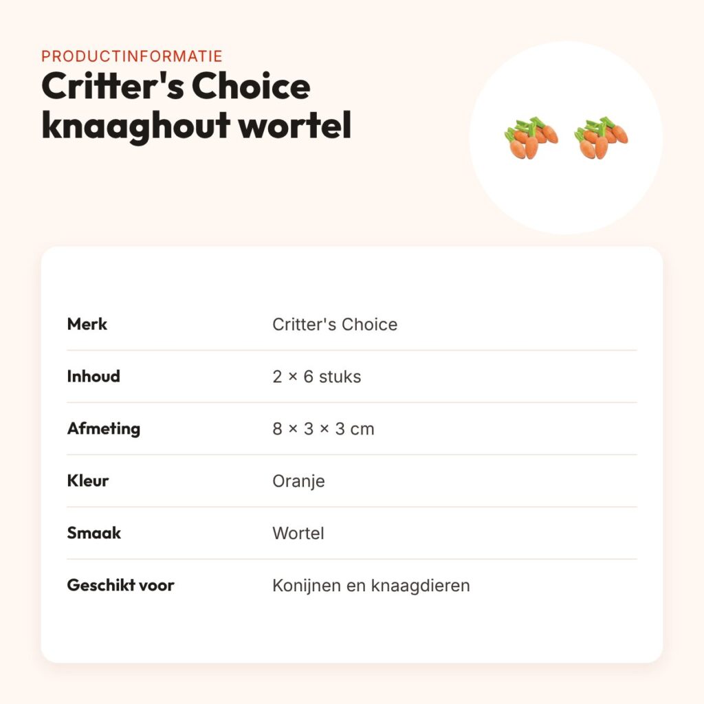 Critter's Choice knaaghout wortel 8 x 3 x 3 cm – multipack 2 x 6 stuks – productinformatie