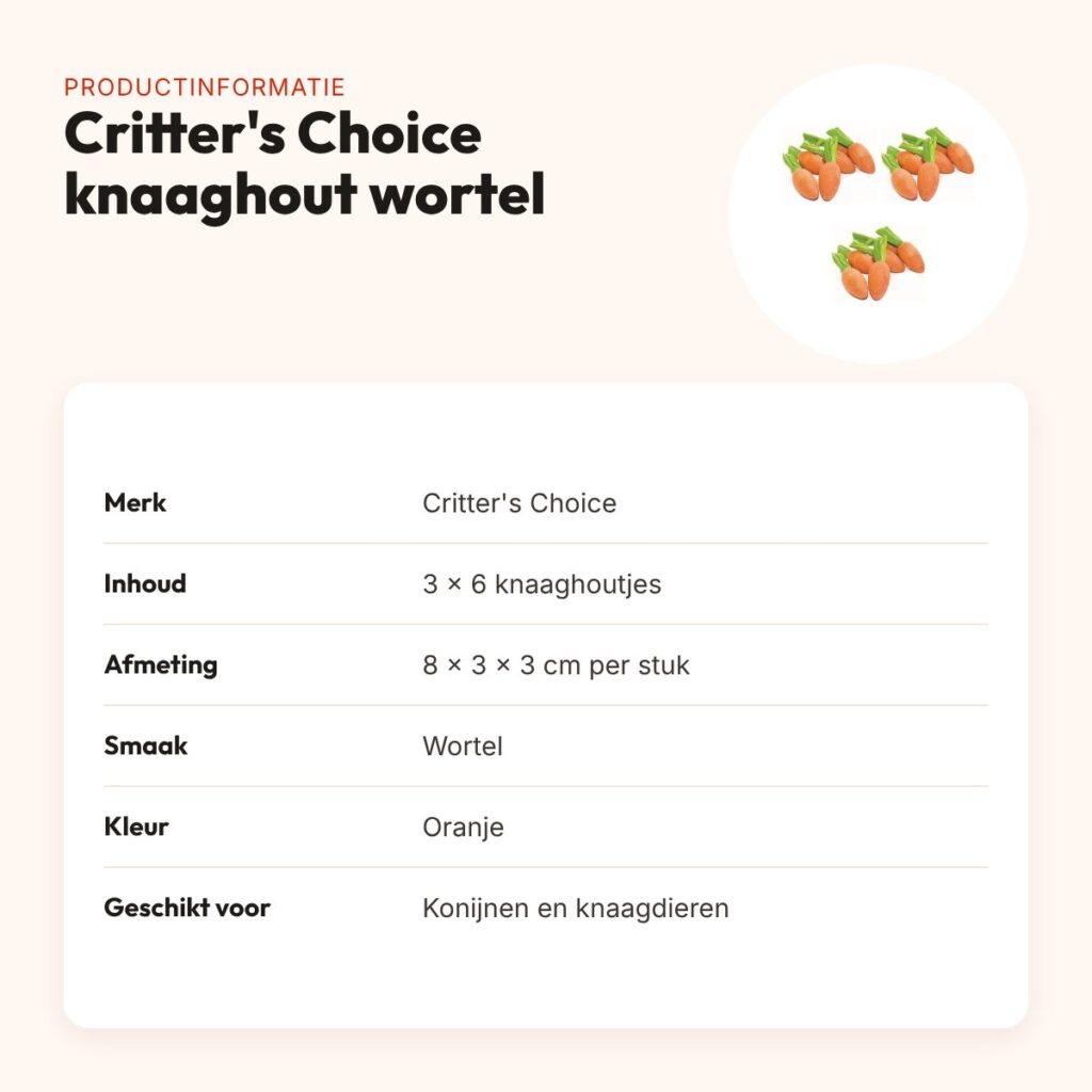 Critter's Choice knaaghout wortelsmaak 8 x 3 x 3 cm – multipack 3 x 6 stuks – productinformatie
