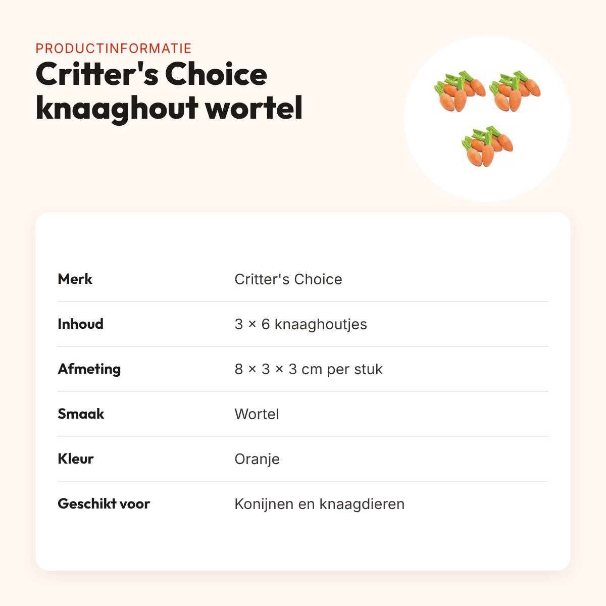 Critter's Choice knaaghout wortelsmaak 8 x 3 x 3 cm – multipack 3 x 6 stuks – productinformatie