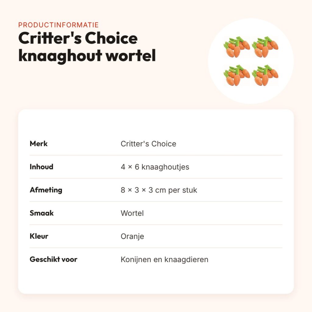 Critter's Choice knaaghout wortelsmaak 8 x 3 x 3 cm – multipack 4 x 6 stuks – productinformatie