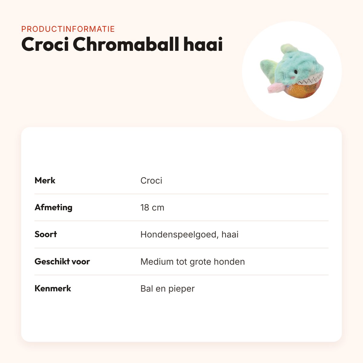 Croci Chromaball hondenspeelgoed haai 18 cm – oceaanthema, met pieper – productinformatie