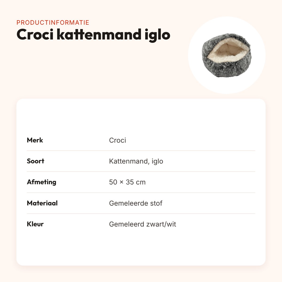 Croci kattenmand iglo gemeleerd zwart/wit 50 x 35 cm – productinformatie