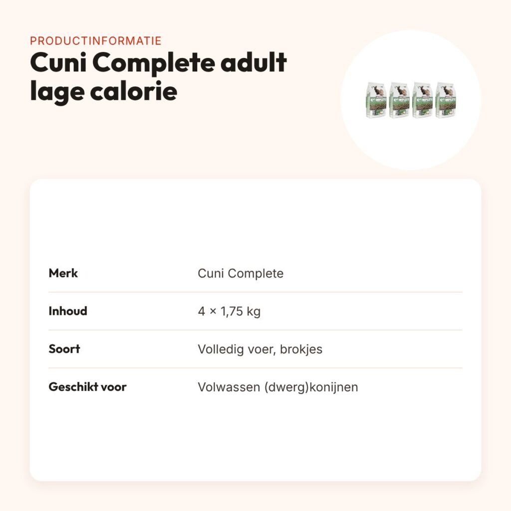 Cuni Complete konijnenvoer adult 1,75 kg – lage calorie – multipack 4 stuks – productinformatie