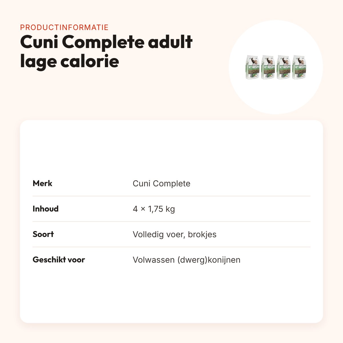 Cuni Complete konijnenvoer adult 1,75 kg – lage calorie – multipack 4 stuks – productinformatie