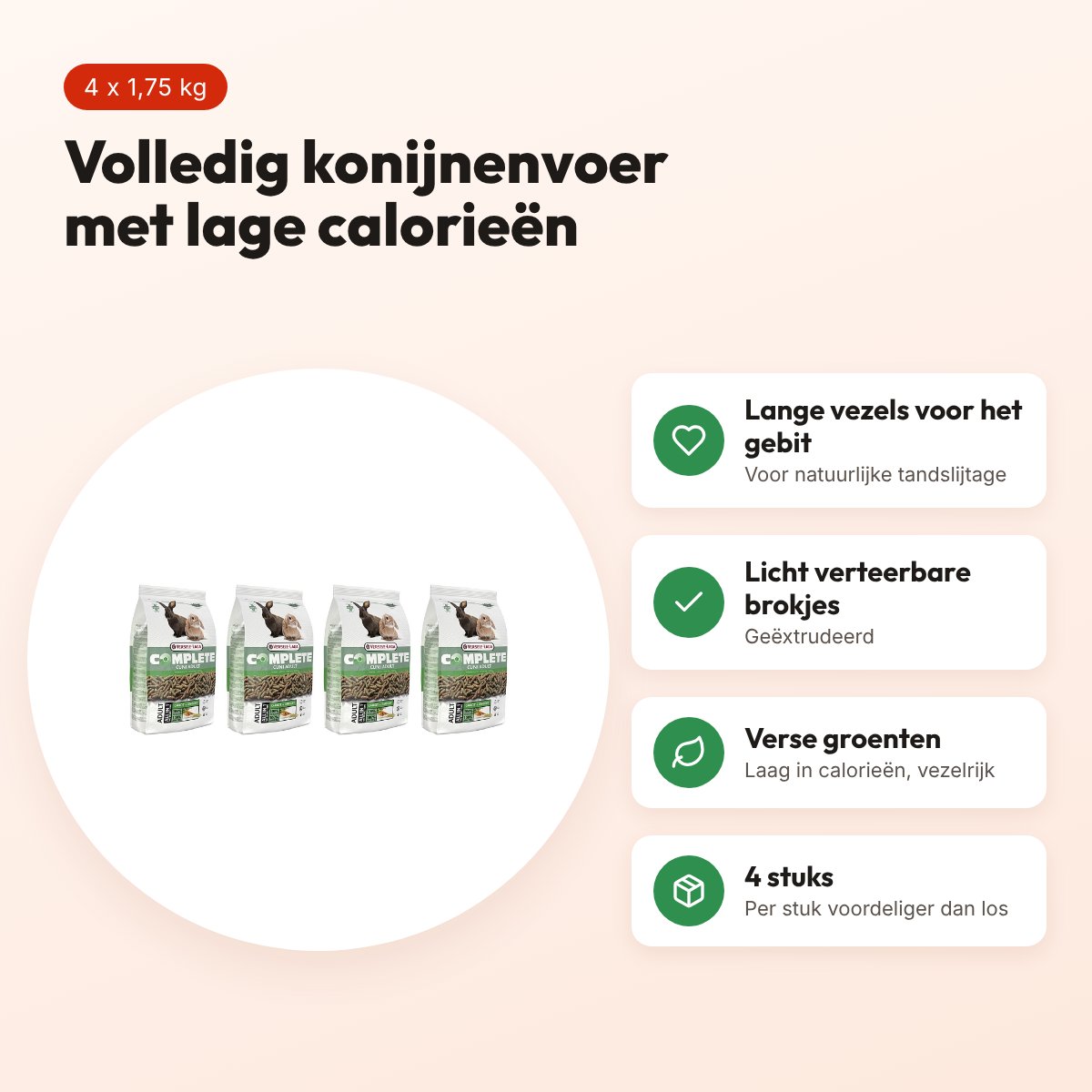 Cuni Complete konijnenvoer adult 1,75 kg – lage calorie – multipack 4 stuks – voordelen