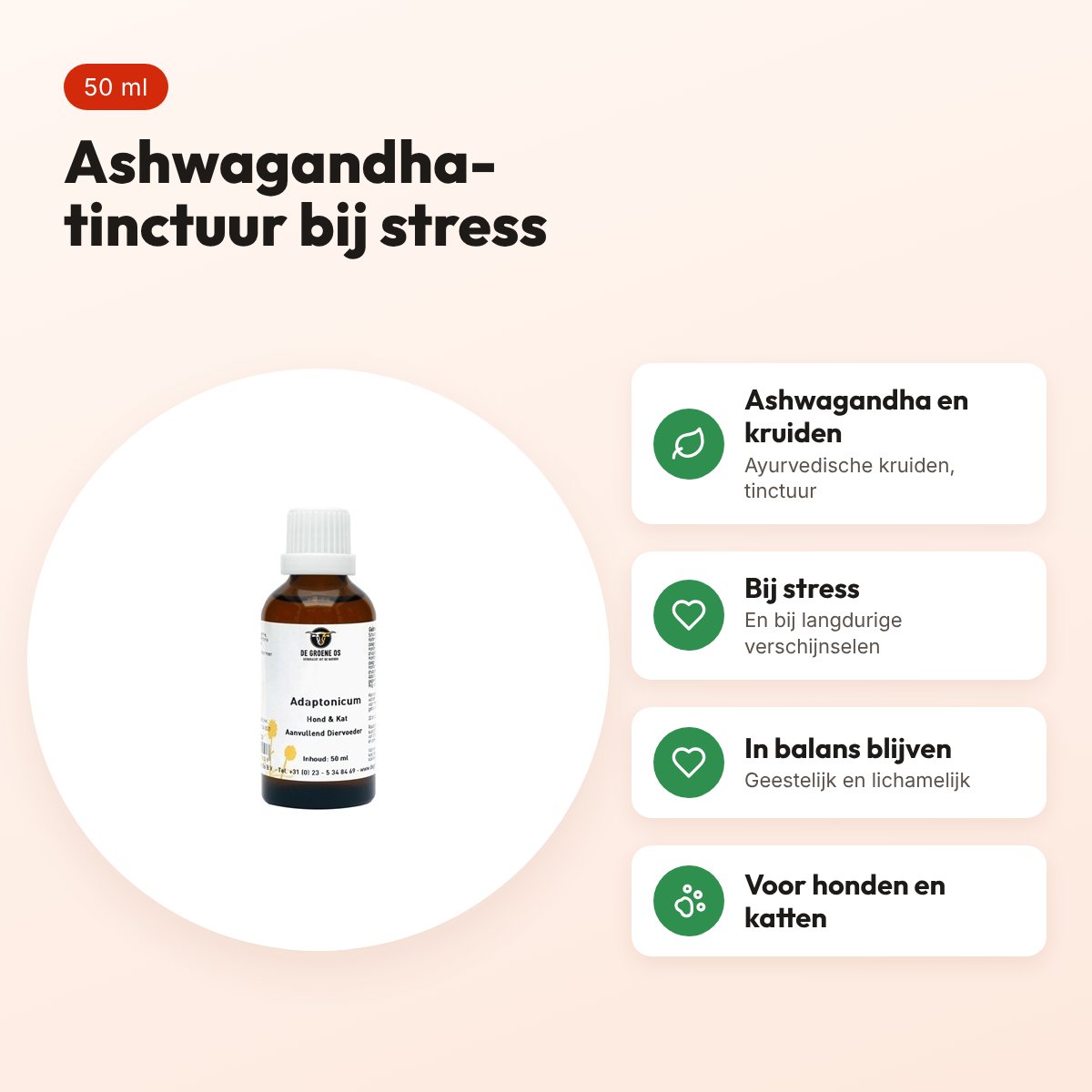 De Groene Os Adaptonicum 50 ml – ashwagandha, hond en kat – voordelen