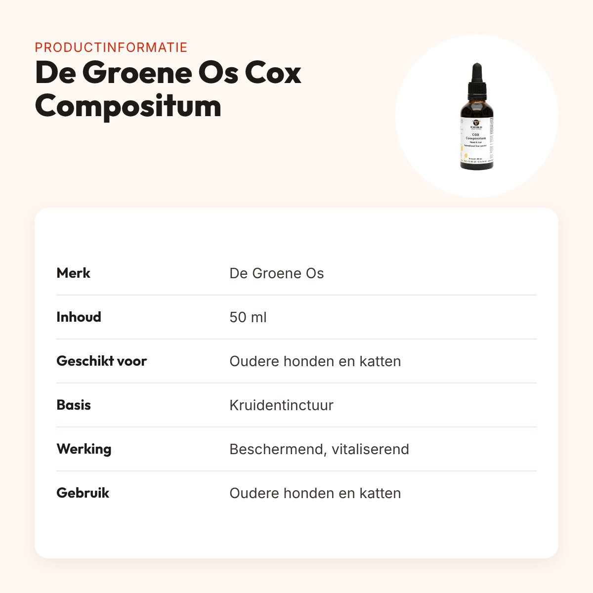De Groene Os Cox Compositum 50 ml – oudere honden en katten – productinformatie