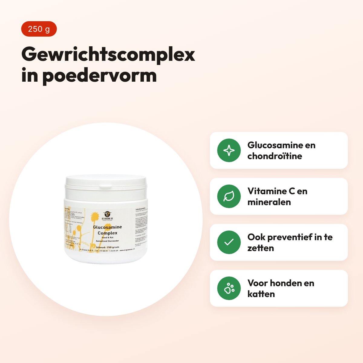 De Groene Os Glucosamine Complex 250 g – gewrichten, hond en kat – voordelen