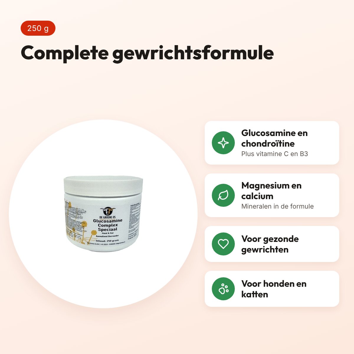 De Groene Os Glucosamine Complex Speciaal 250 g – hond en kat – voordelen