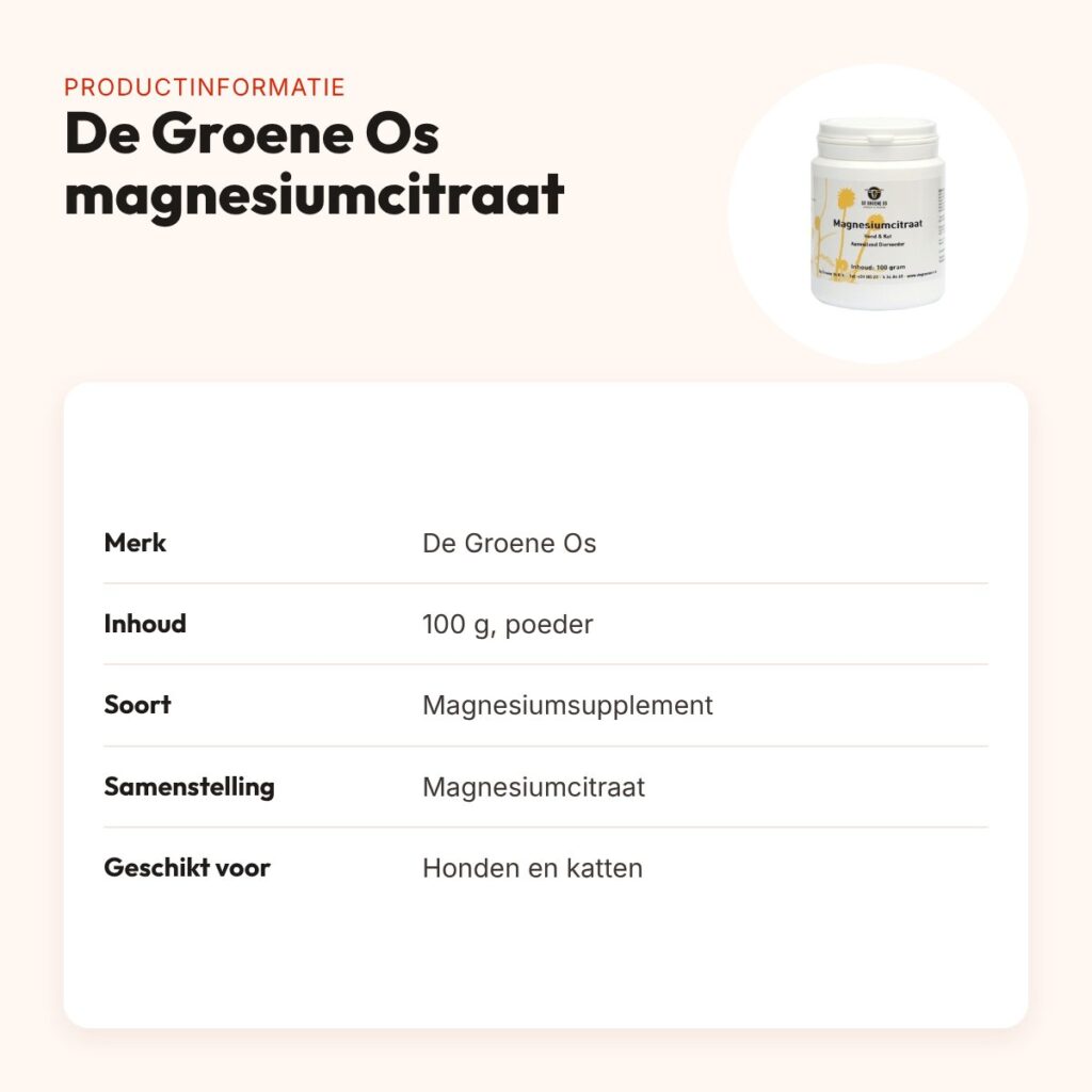 De Groene Os magnesiumcitraat 100 g – poeder voor hond en kat – productinformatie
