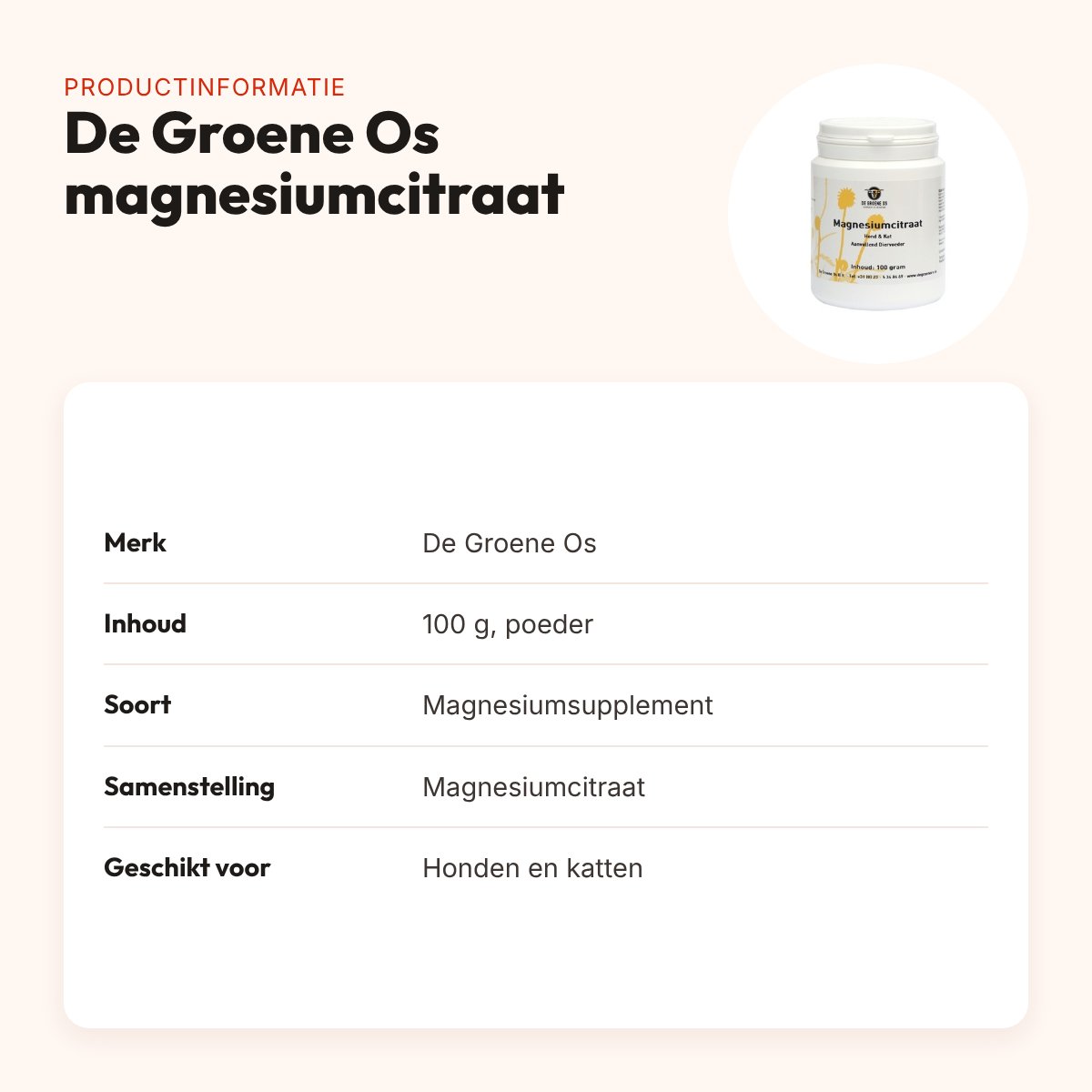 De Groene Os magnesiumcitraat 100 g – poeder voor hond en kat – productinformatie