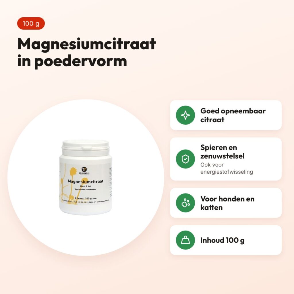 De Groene Os magnesiumcitraat 100 g – poeder voor hond en kat – voordelen