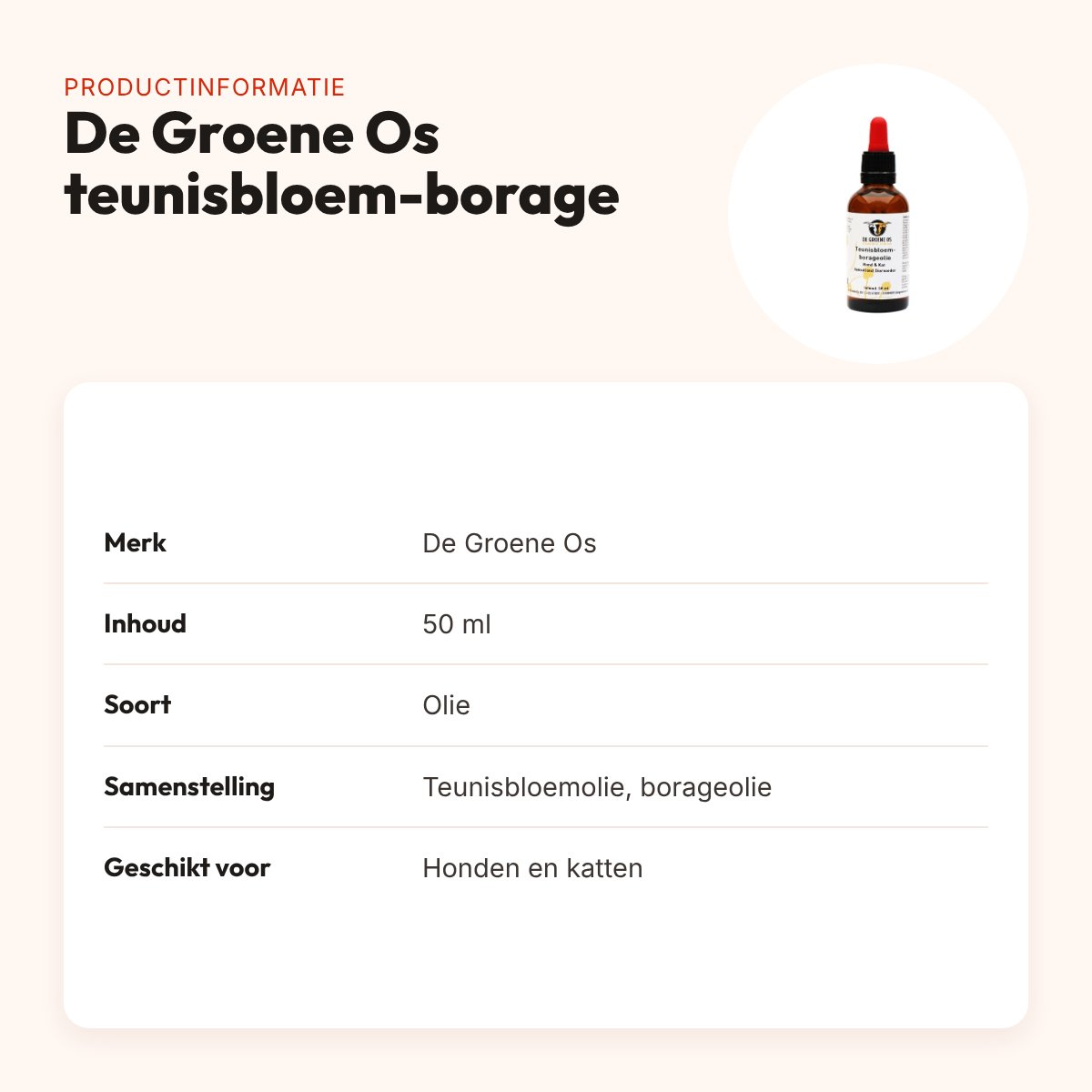 De Groene Os teunisbloem-borageolie 50 ml – supplement hond en kat – productinformatie