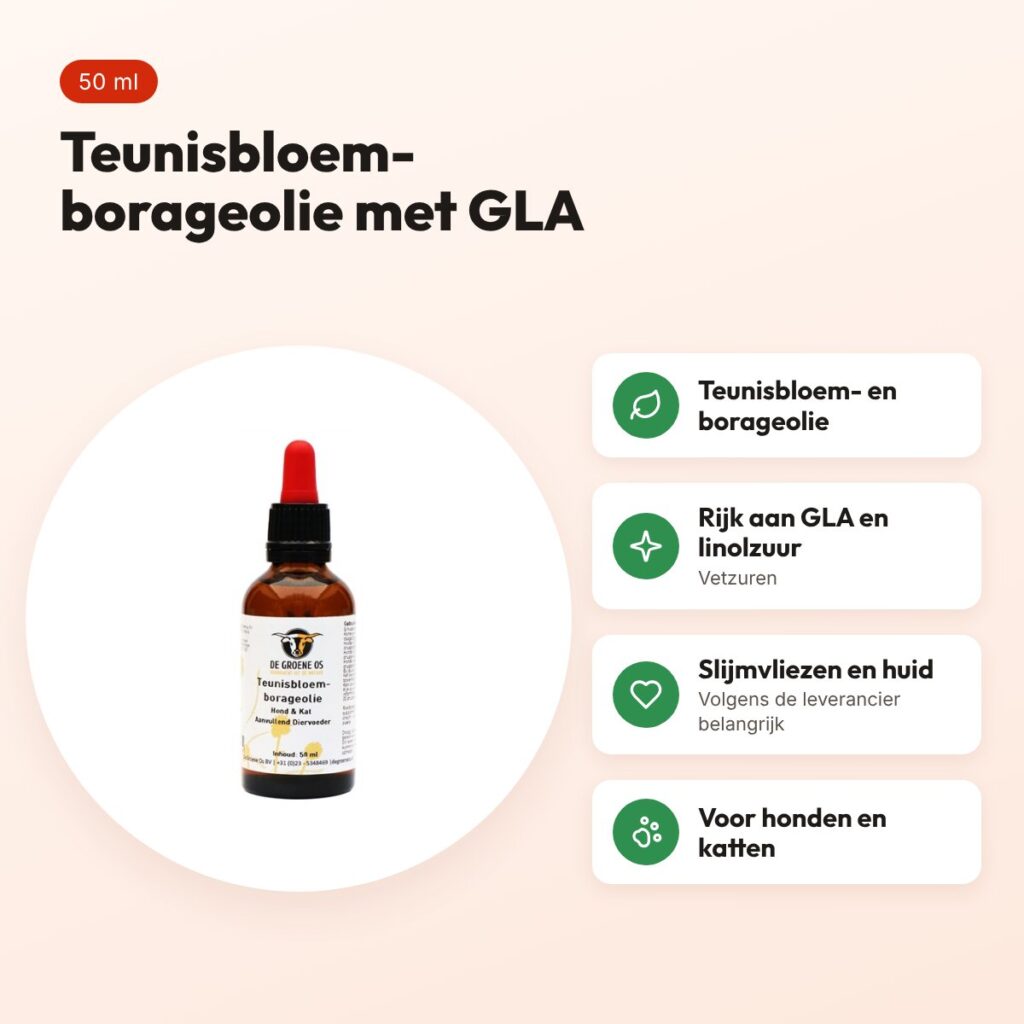 De Groene Os teunisbloem-borageolie 50 ml – supplement hond en kat – voordelen