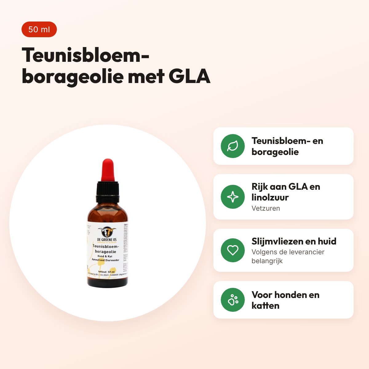 De Groene Os teunisbloem-borageolie 50 ml – supplement hond en kat – voordelen