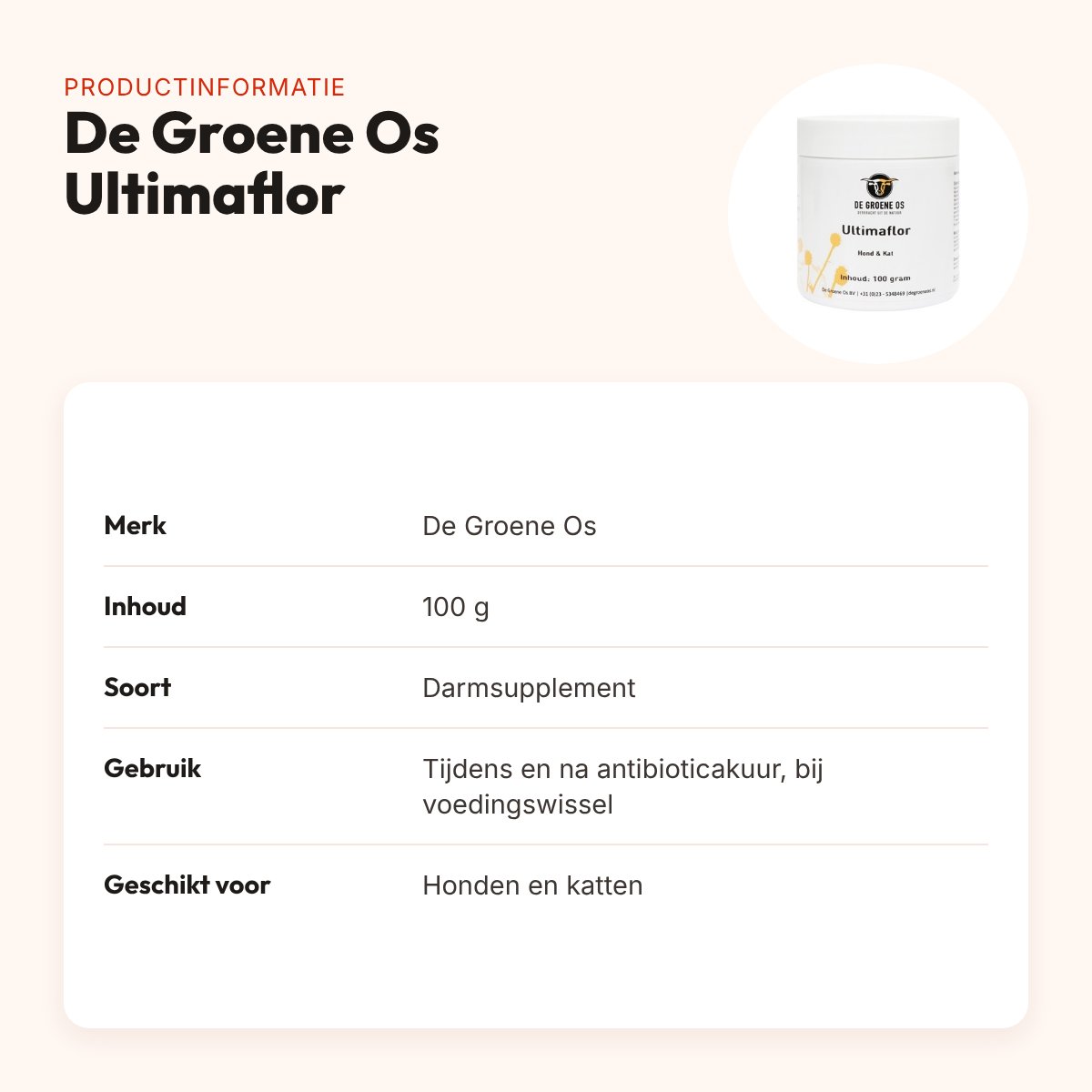 De Groene Os Ultimaflor 100 g – darmsupplement hond en kat – productinformatie