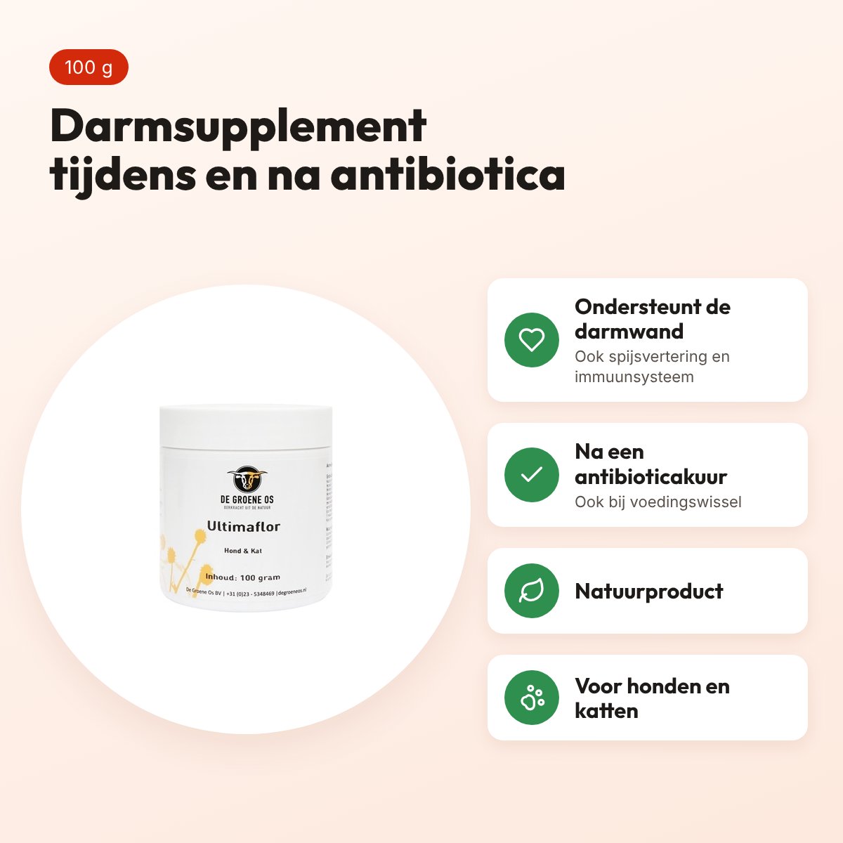De Groene Os Ultimaflor 100 g – darmsupplement hond en kat – voordelen