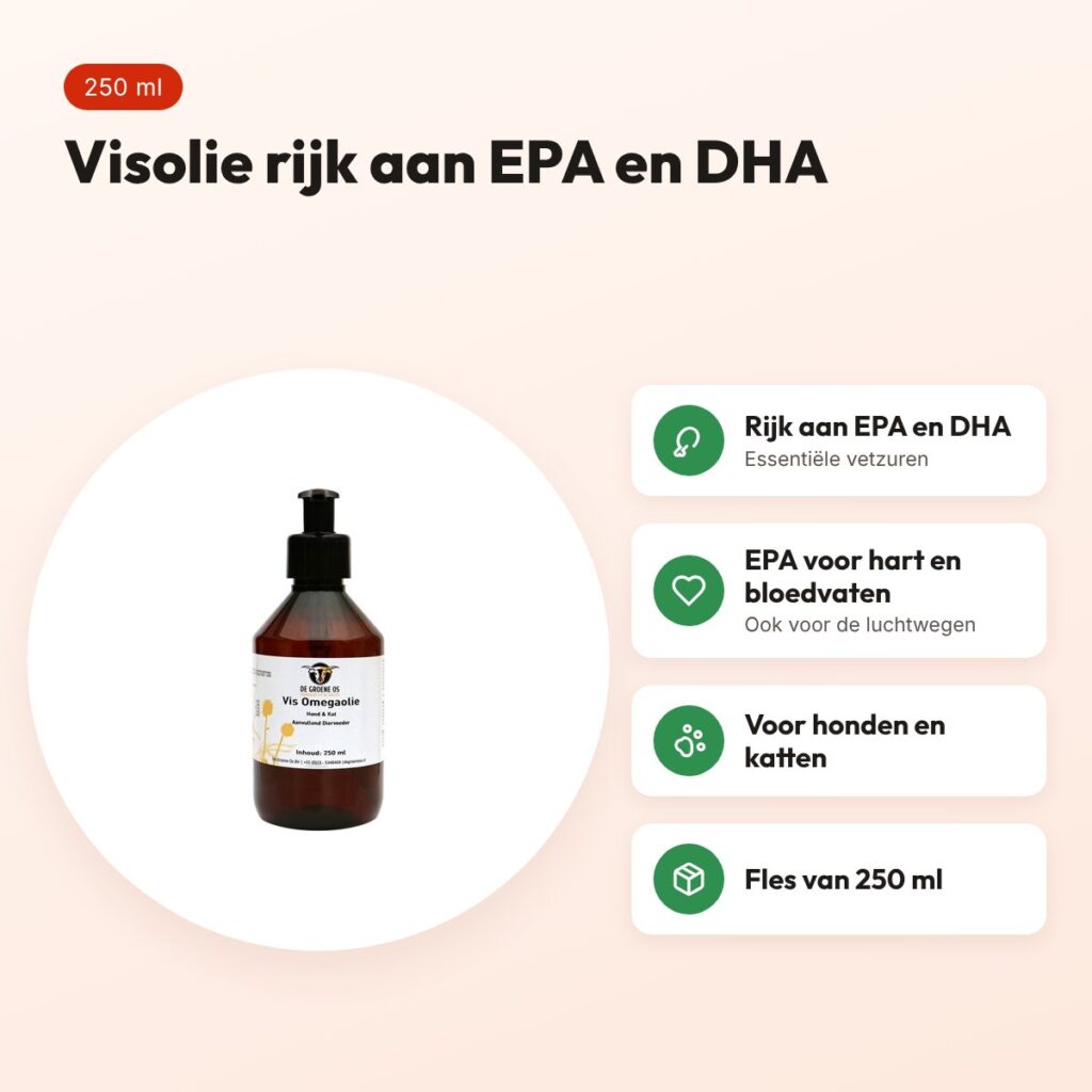 De Groene Os Vis Omega visolie 250 ml – EPA en DHA, hond en kat – voordelen