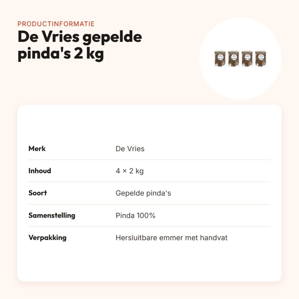 De Vries gepelde pinda's 2 kg – hersluitbare emmer, multipack 4 stuks – productinformatie