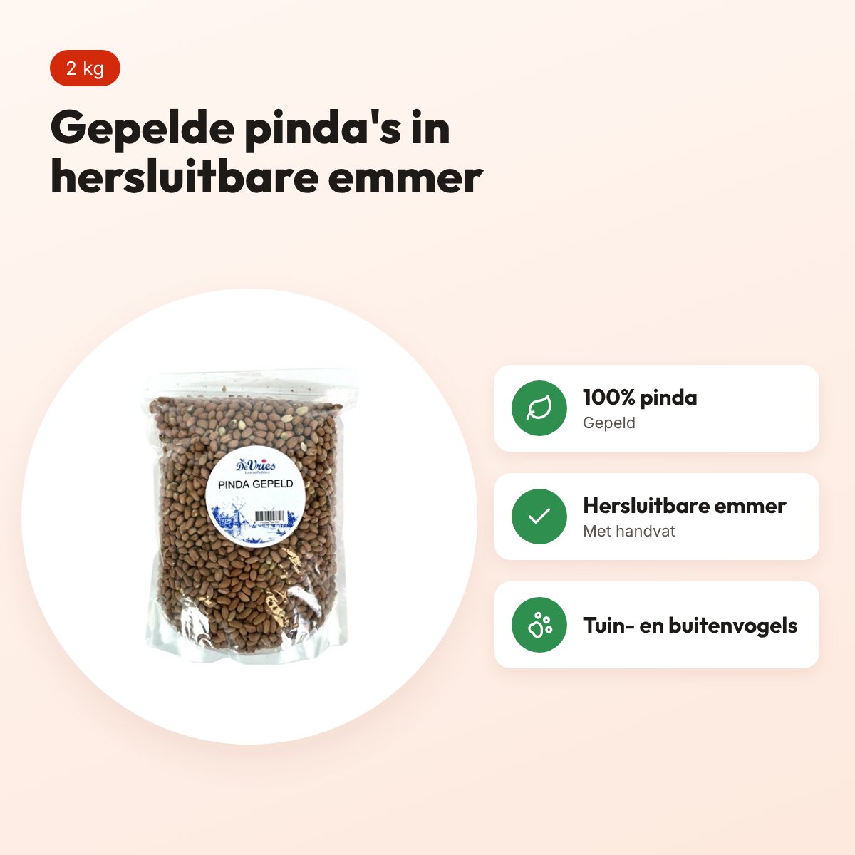 De Vries gepelde pinda's 2 kg – hersluitbare emmer voor buitenvogels – voordelen