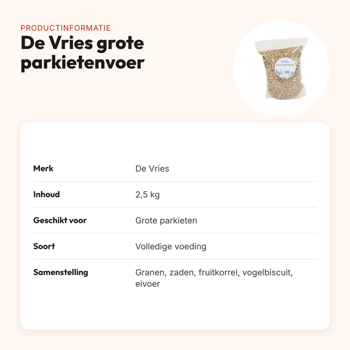 De Vries grote parkietenvoer 2,5 kg – granen en zaden – productinformatie