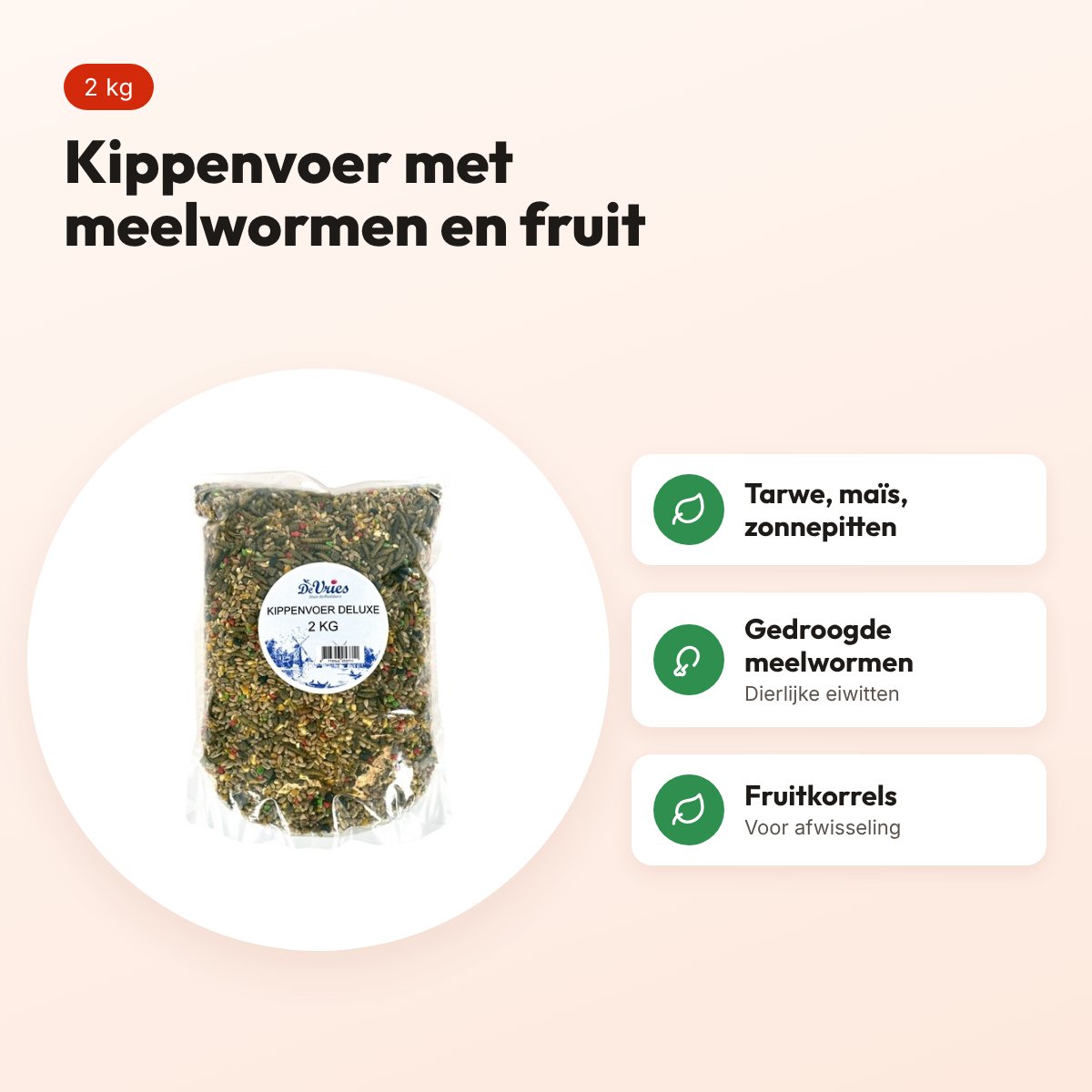 De Vries kippenvoer Deluxe 2 kg – met meelwormen en fruitkorrels – voordelen