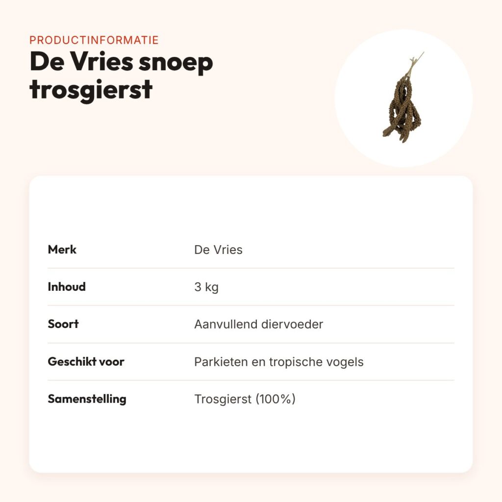 De Vries snoep trosgierst 3 kg – voor parkieten en tropische vogels – productinformatie
