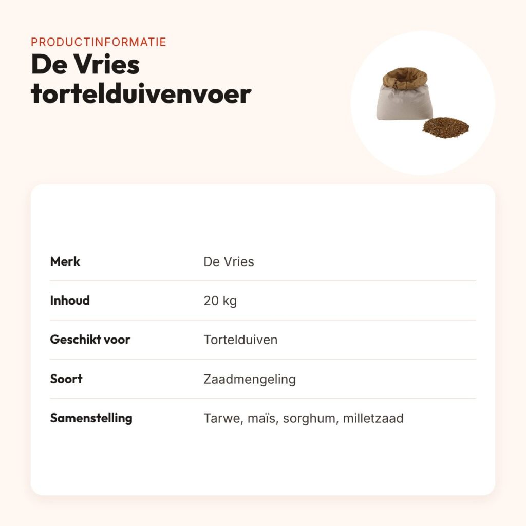 De Vries tortelduivenvoer 20 kg – rijk aan fijne zaden – productinformatie