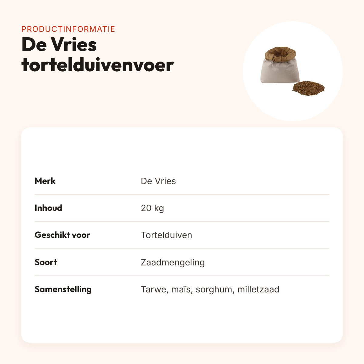 De Vries tortelduivenvoer 20 kg – rijk aan fijne zaden – productinformatie