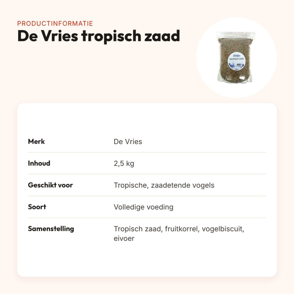 De Vries tropisch zaad 2,5 kg – met fruitkorrels – productinformatie