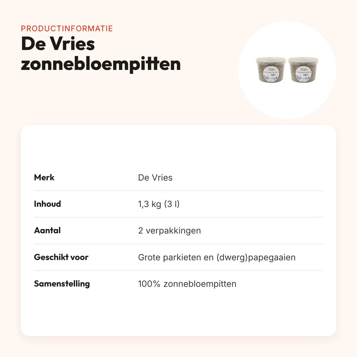 De Vries zonnebloempitten gestreept 1,3 kg – vogelvoer, multipack 2 stuks – productinformatie