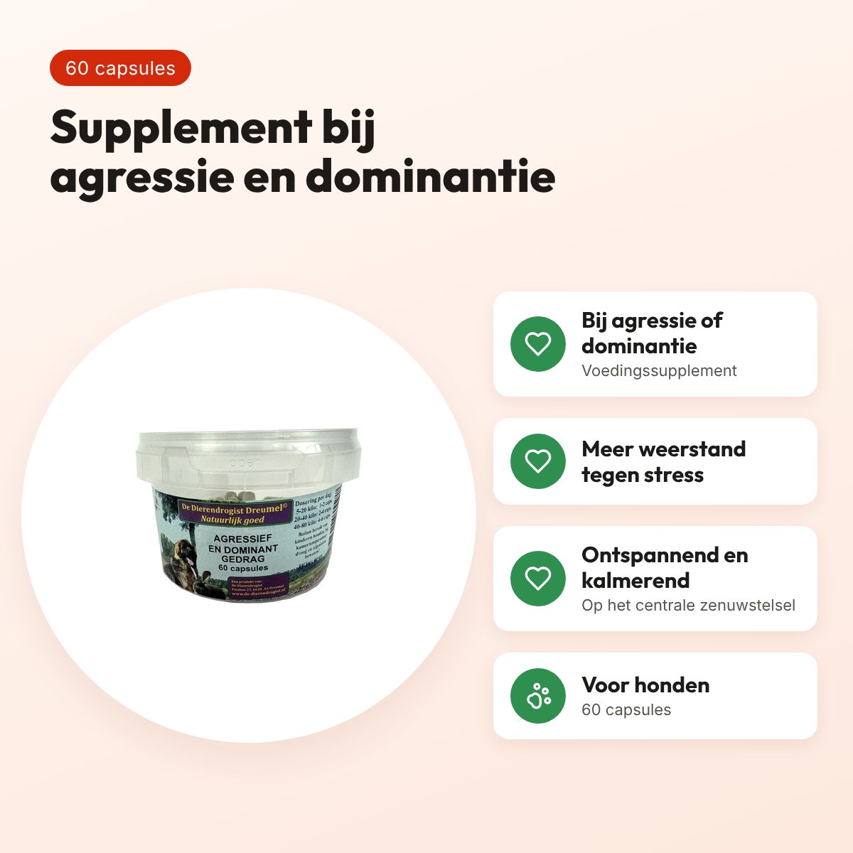 Dierendrogist agressief/dominant capsules 60 stuks – voor honden – voordelen