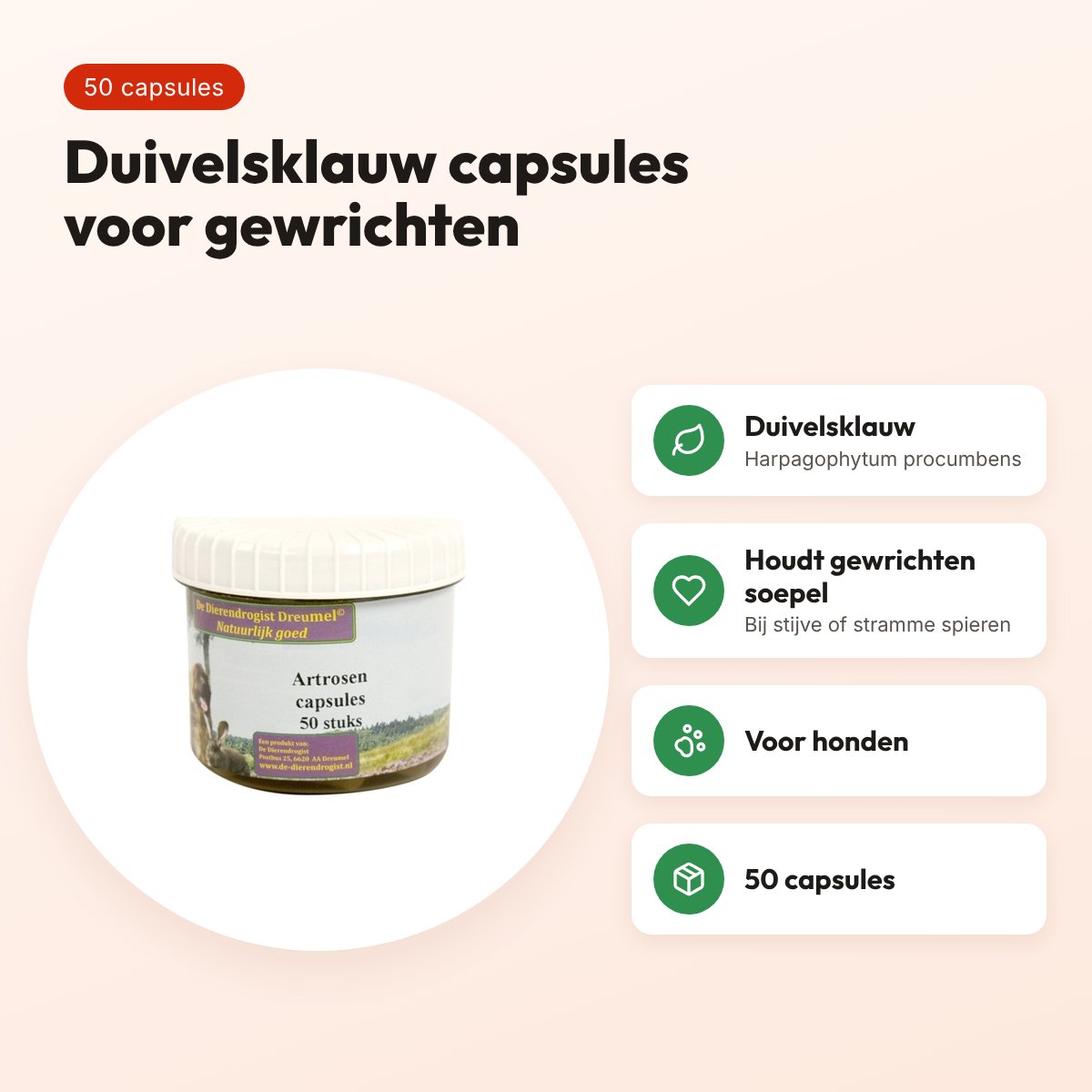 Dierendrogist artrosen capsules 50 stuks – duivelsklauw, voor honden – voordelen