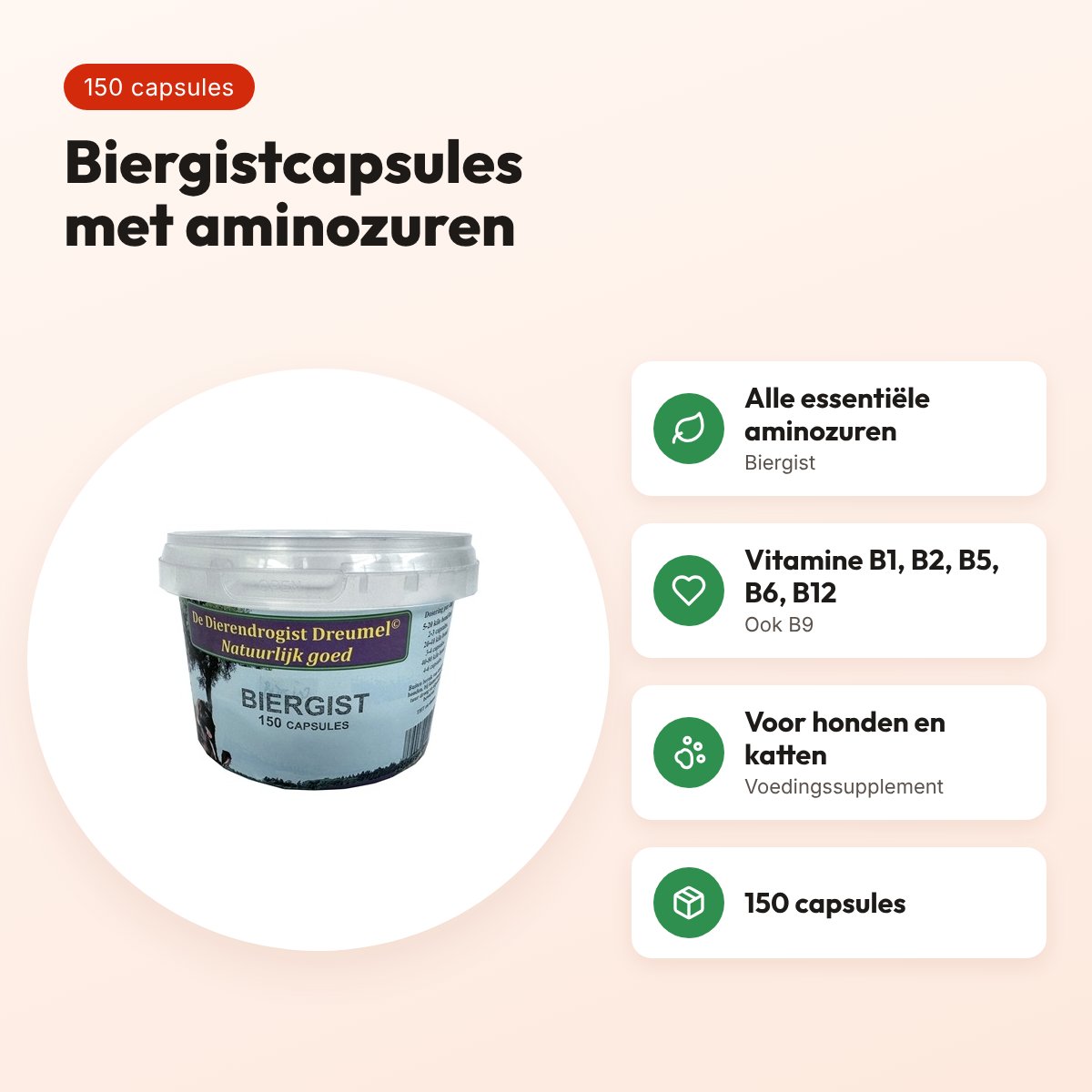 Dierendrogist biergist capsules 150 stuks – voor hond en kat – voordelen