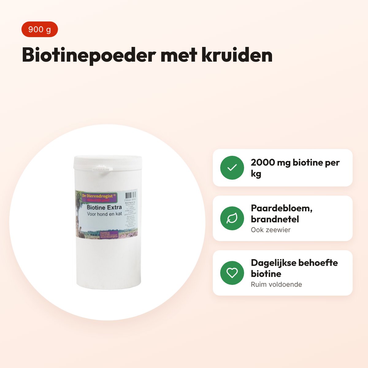 Dierendrogist biotine extra poeder 900 g – met kruiden voor hond en kat – voordelen