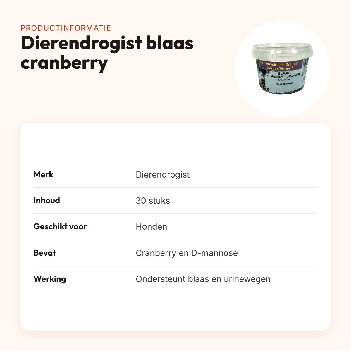Dierendrogist blaas cranberry + D-mannose 30 stuks – voor honden – productinformatie