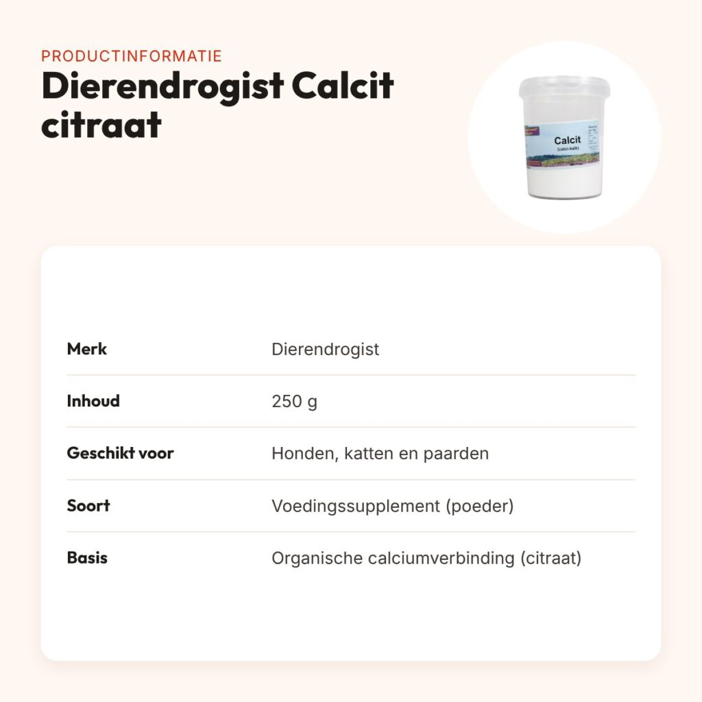 Dierendrogist Calcit calciumcitraat 250 g – hond, kat en paard – productinformatie