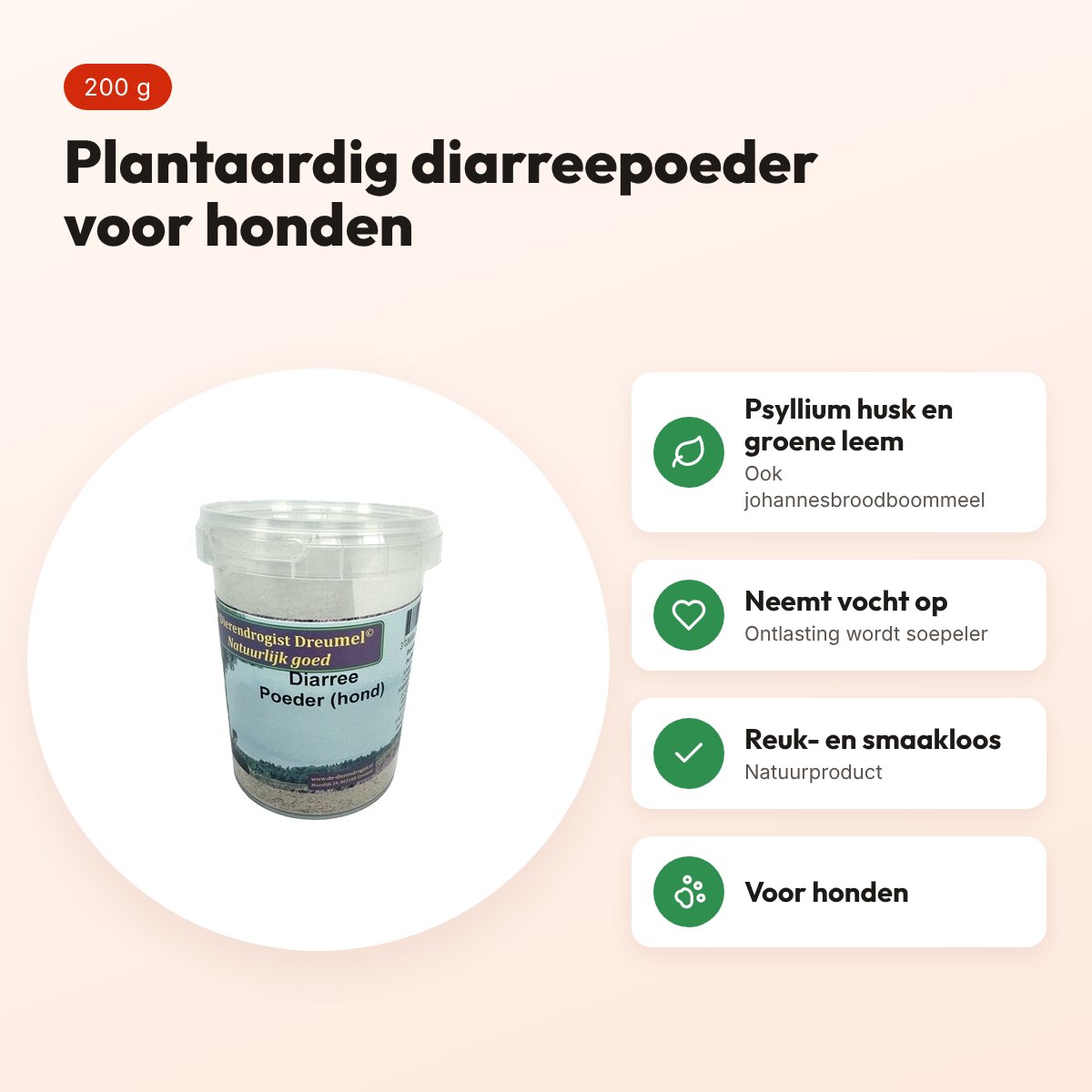 Dierendrogist diarreepoeder hond 200 g – plantaardig, psyllium en leem – voordelen