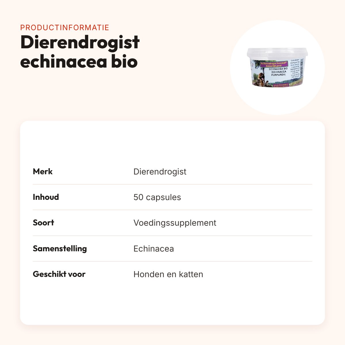 Dierendrogist echinacea bio capsules 50 stuks – honden en katten – productinformatie
