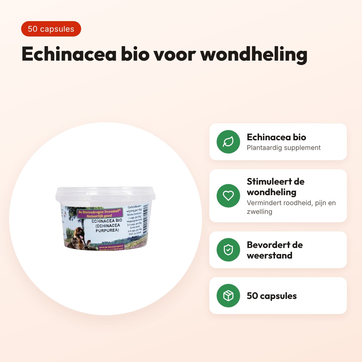 Dierendrogist echinacea bio capsules 50 stuks – honden en katten – voordelen