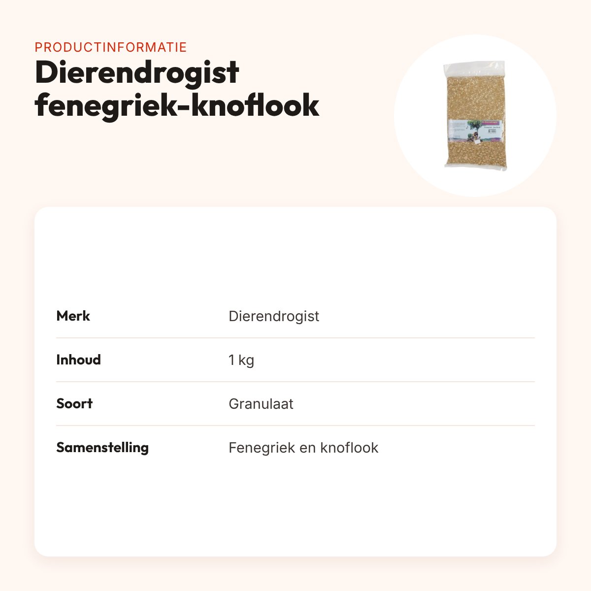 Dierendrogist fenegriek-knoflook granulaat 1 kg – productinformatie