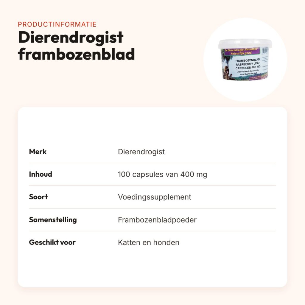 Dierendrogist frambozenblad capsules 400 mg 100 stuks – hond en kat – productinformatie