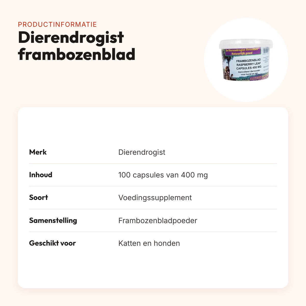 Dierendrogist frambozenblad capsules 400 mg 100 stuks – hond en kat – productinformatie