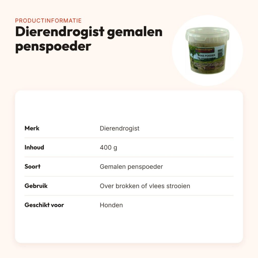 Dierendrogist gemalen penspoeder 400 g – natuurlijke smaakmaker hond – productinformatie