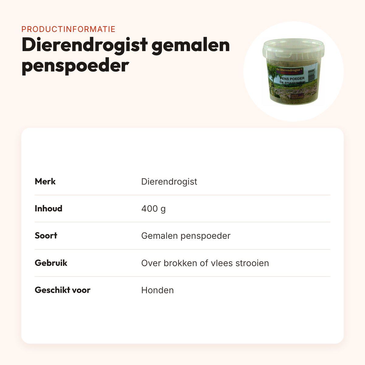Dierendrogist gemalen penspoeder 400 g – natuurlijke smaakmaker hond – productinformatie