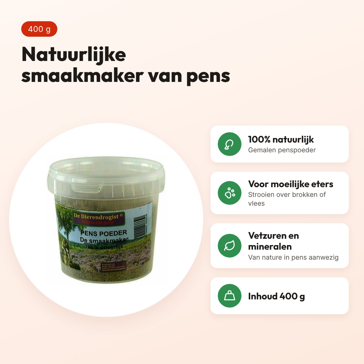 Dierendrogist gemalen penspoeder 400 g – natuurlijke smaakmaker hond – voordelen