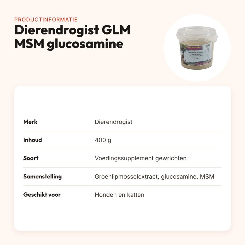 Dierendrogist GLM MSM glucosamine 400 g – gewrichten, hond en kat – productinformatie