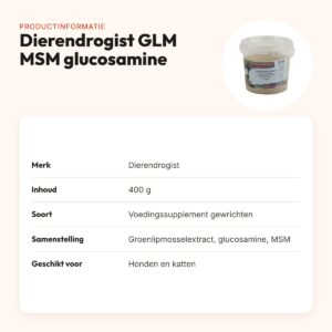 Dierendrogist GLM MSM glucosamine 400 g – gewrichten, hond en kat – productinformatie